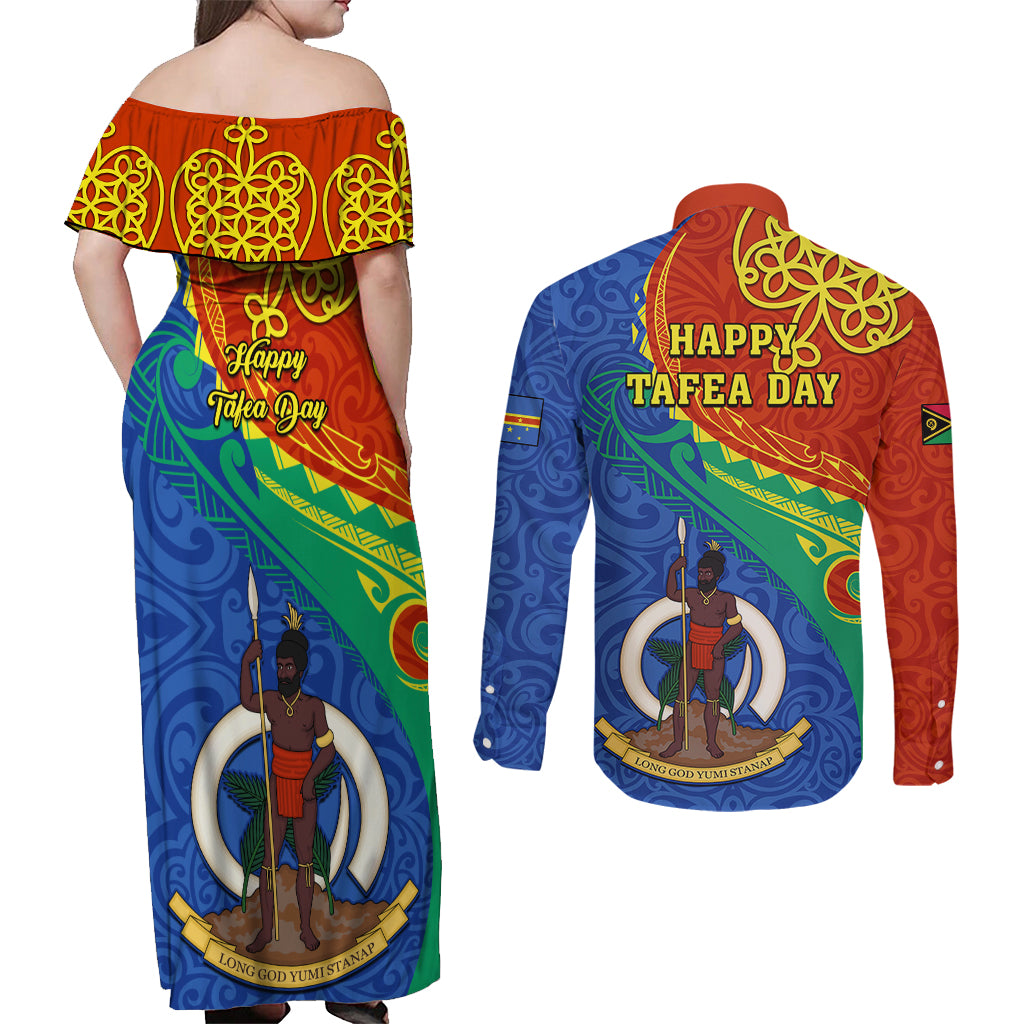 Tafea Day Couples Matching Off Shoulder Maxi Dress and Long Sleeve Button Shirts Sand Drawing Vanuatuan Pattern LT05 - Polynesian Pride
