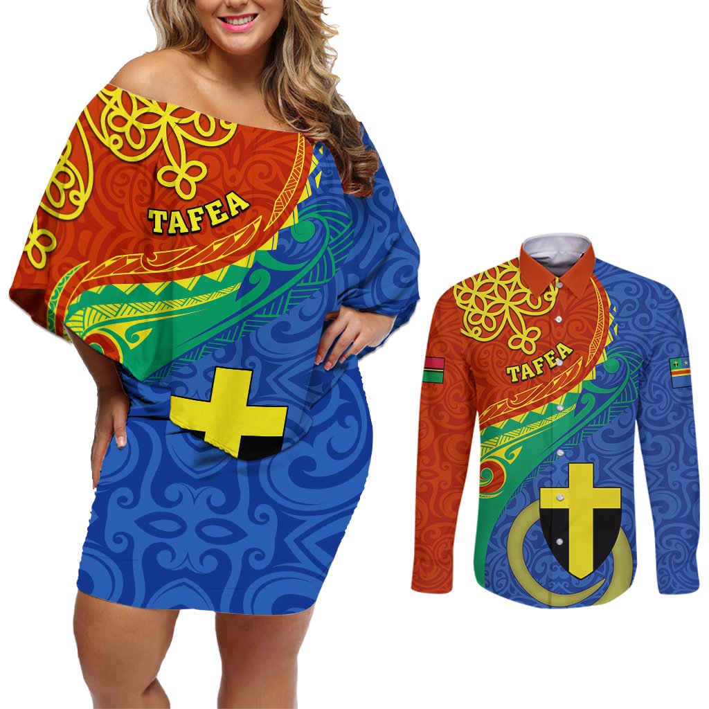 Tafea Day Couples Matching Off Shoulder Short Dress and Long Sleeve Button Shirts Sand Drawing Vanuatuan Pattern LT05 Blue - Polynesian Pride