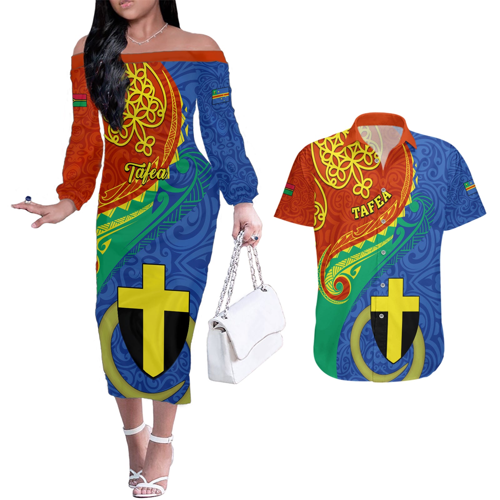 Tafea Day Couples Matching Off The Shoulder Long Sleeve Dress and Hawaiian Shirt Sand Drawing Vanuatuan Pattern LT05 Blue - Polynesian Pride