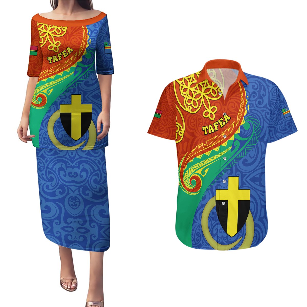 Tafea Day Couples Matching Puletasi Dress and Hawaiian Shirt Sand Drawing Vanuatuan Pattern LT05 Blue - Polynesian Pride