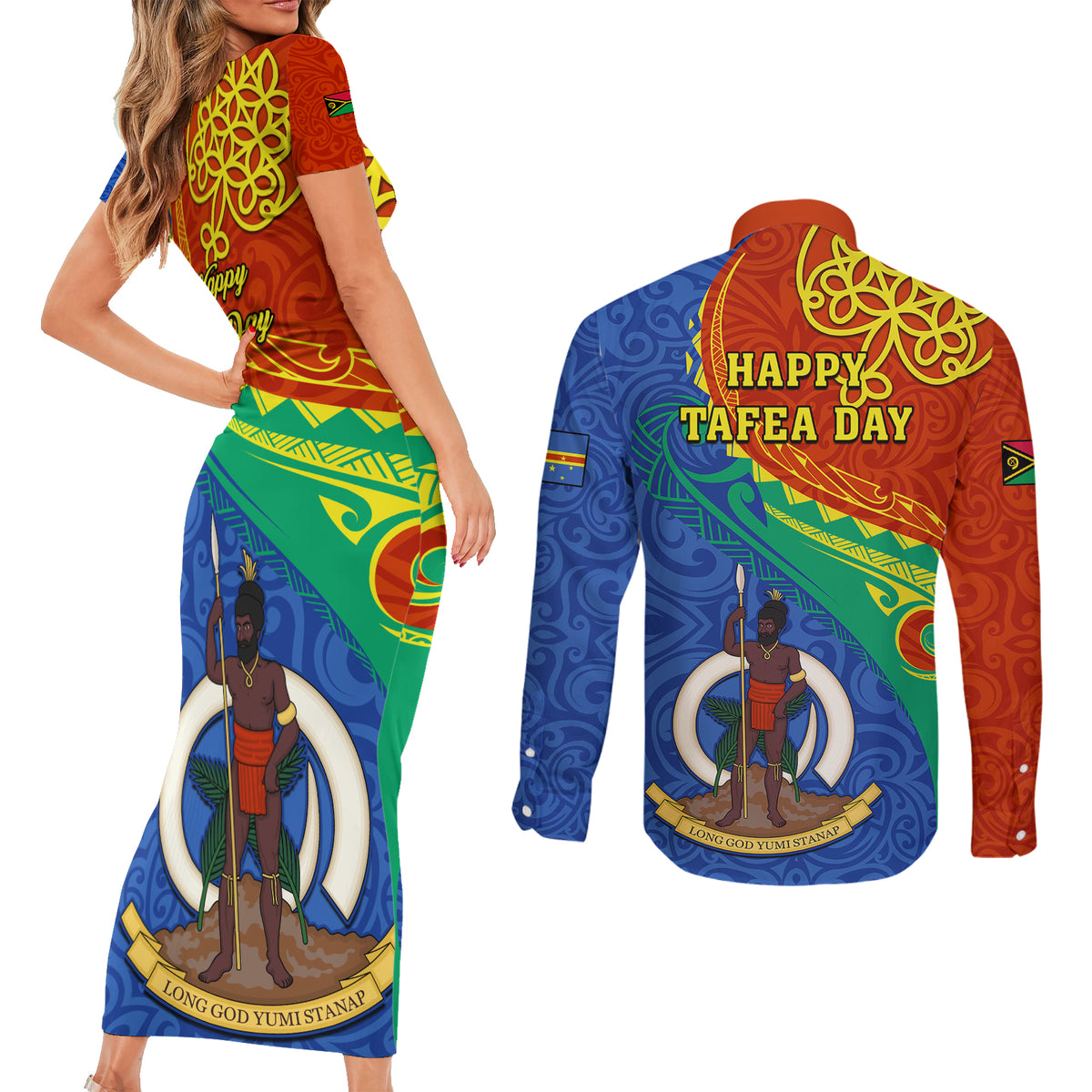Tafea Day Couples Matching Short Sleeve Bodycon Dress and Long Sleeve Button Shirts Sand Drawing Vanuatuan Pattern LT05 - Polynesian Pride