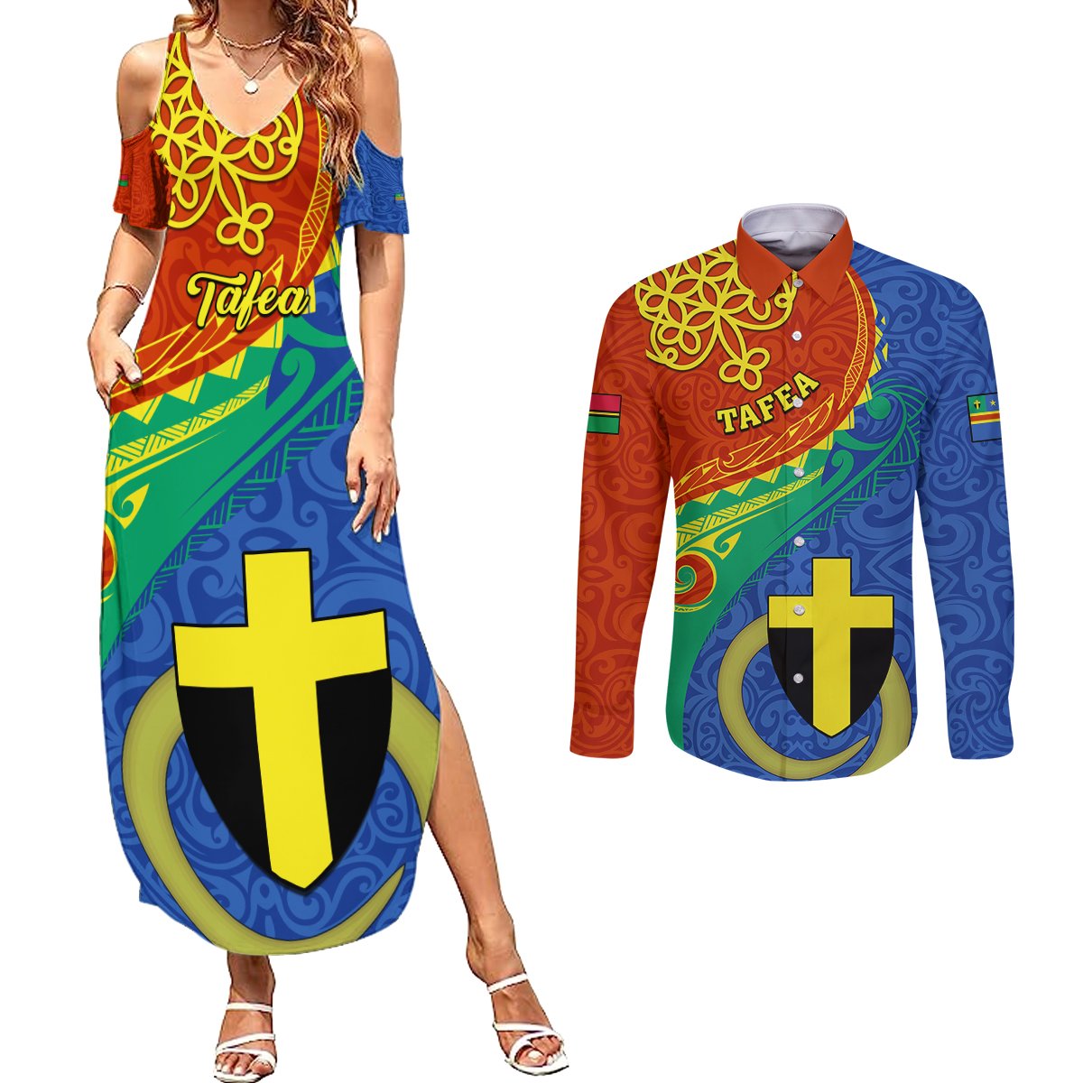 Tafea Day Couples Matching Summer Maxi Dress and Long Sleeve Button Shirts Sand Drawing Vanuatuan Pattern LT05 Blue - Polynesian Pride