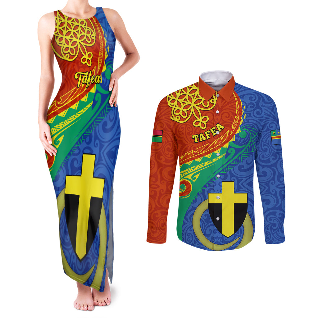 Tafea Day Couples Matching Tank Maxi Dress and Long Sleeve Button Shirts Sand Drawing Vanuatuan Pattern LT05 Blue - Polynesian Pride