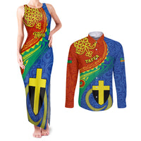 Tafea Day Couples Matching Tank Maxi Dress and Long Sleeve Button Shirts Sand Drawing Vanuatuan Pattern LT05 Blue - Polynesian Pride