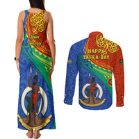Tafea Day Couples Matching Tank Maxi Dress and Long Sleeve Button Shirts Sand Drawing Vanuatuan Pattern LT05 - Polynesian Pride
