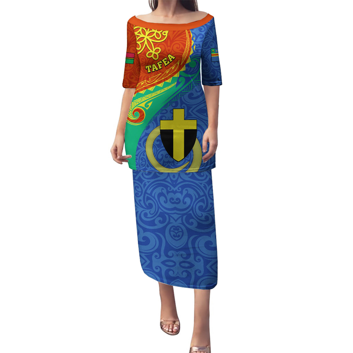 Tafea Day Family Matching Puletasi Dress and Hawaiian Shirt Sand Drawing Vanuatuan Pattern LT05 Mom's Dress Blue - Polynesian Pride