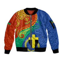 Tafea Day Sleeve Zip Bomber Jacket Sand Drawing Vanuatuan Pattern LT05 Unisex Blue - Polynesian Pride