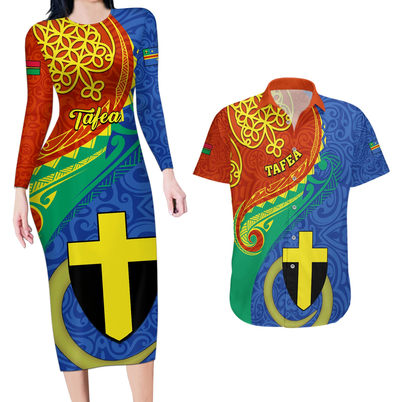 Personalized Tafea Day Couples Matching Long Sleeve Bodycon Dress and Hawaiian Shirt Sand Drawing Vanuatuan Pattern LT05 Blue - Polynesian Pride