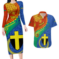 Personalized Tafea Day Couples Matching Long Sleeve Bodycon Dress and Hawaiian Shirt Sand Drawing Vanuatuan Pattern LT05 Blue - Polynesian Pride