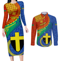 Personalized Tafea Day Couples Matching Long Sleeve Bodycon Dress and Long Sleeve Button Shirts Sand Drawing Vanuatuan Pattern LT05 Blue - Polynesian Pride