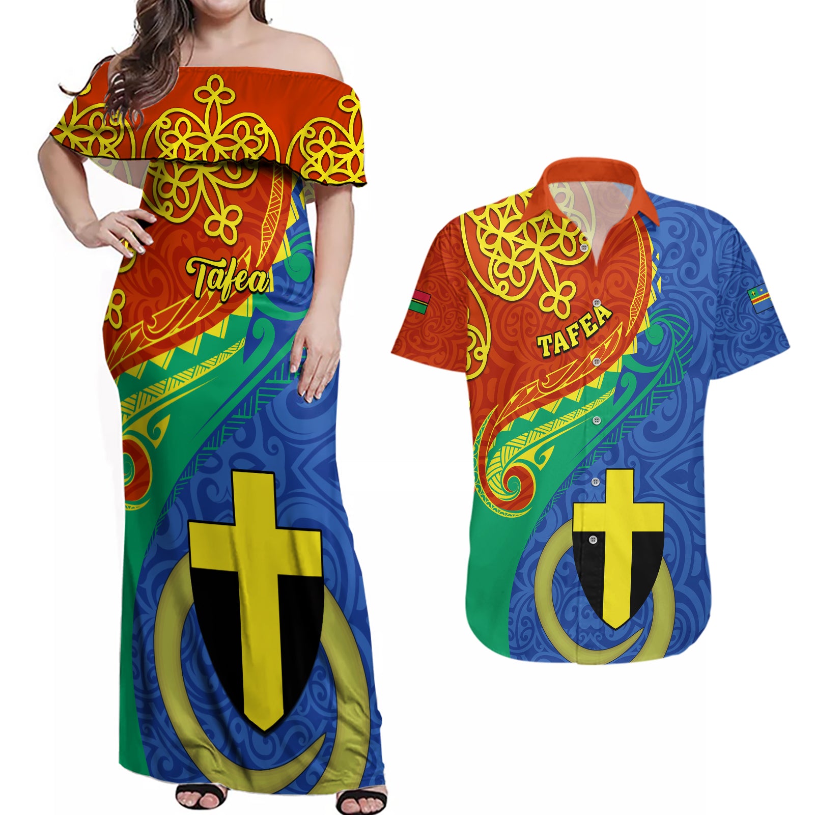 personalized-tafea-day-couples-matching-off-shoulder-maxi-dress-and-hawaiian-shirt-sand-drawing-vanuatuan-pattern