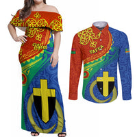 Personalized Tafea Day Couples Matching Off Shoulder Maxi Dress and Long Sleeve Button Shirts Sand Drawing Vanuatuan Pattern LT05 Blue - Polynesian Pride