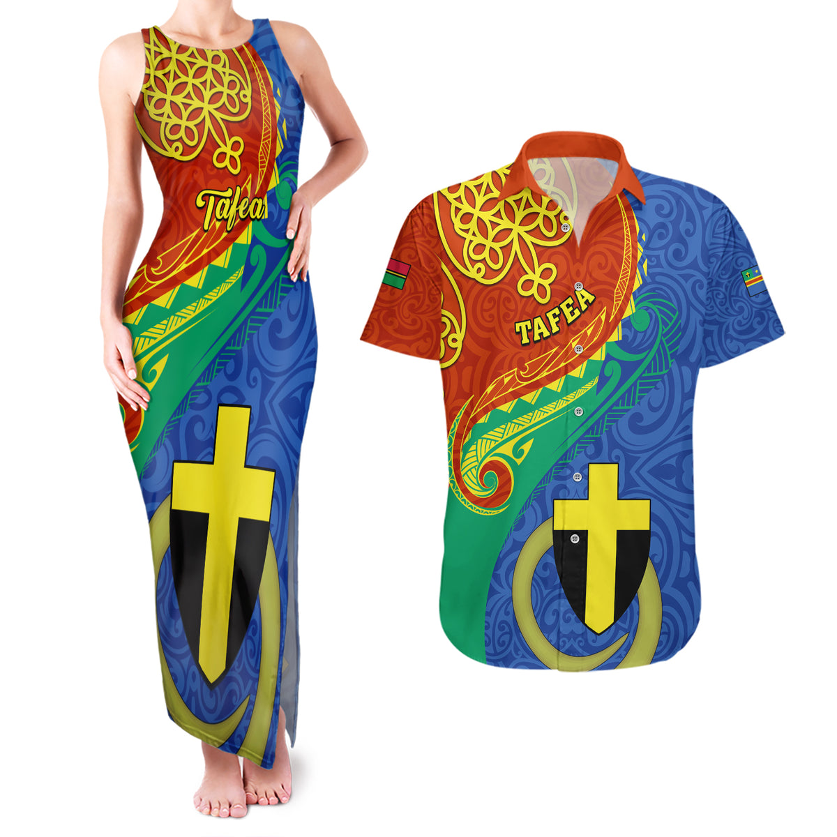 Personalized Tafea Day Couples Matching Tank Maxi Dress and Hawaiian Shirt Sand Drawing Vanuatuan Pattern LT05 Blue - Polynesian Pride