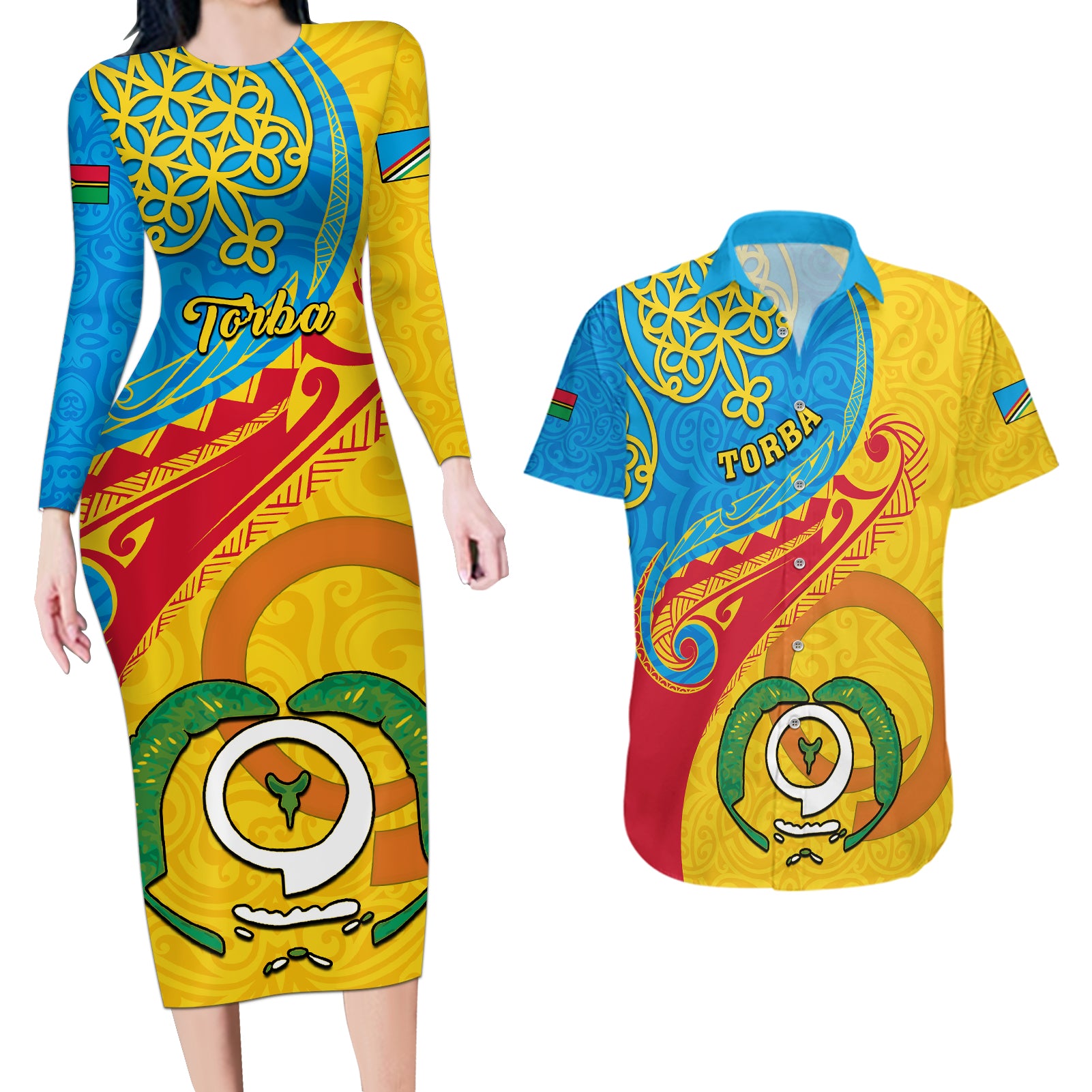 torba-day-couples-matching-long-sleeve-bodycon-dress-and-hawaiian-shirt-sand-drawing-vanuatuan-pattern