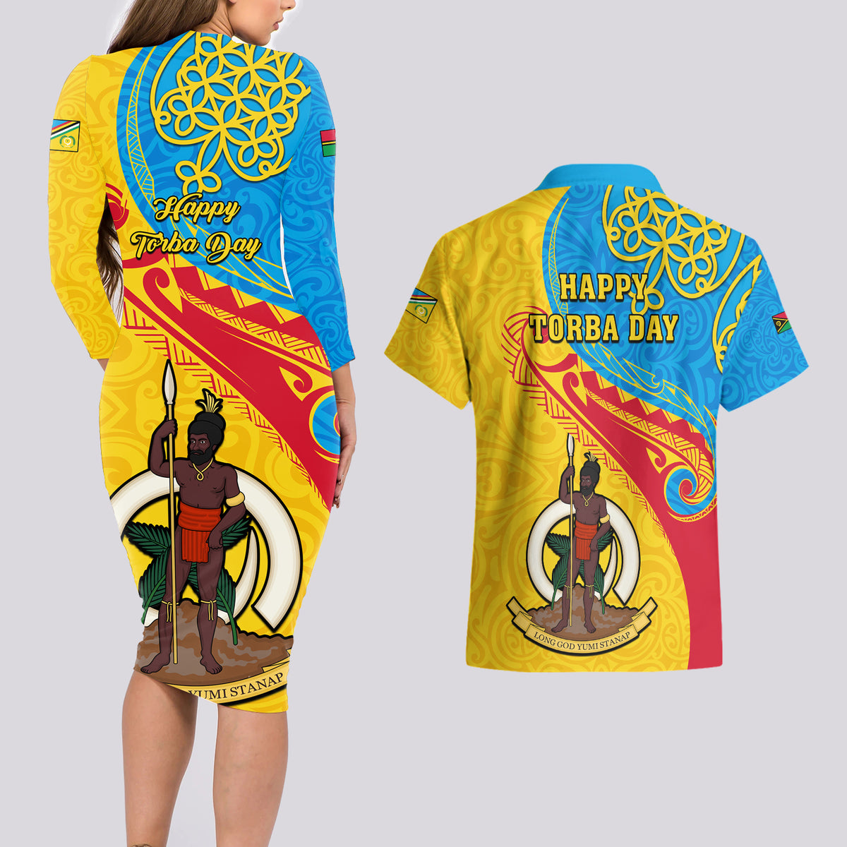 Torba Day Couples Matching Long Sleeve Bodycon Dress and Hawaiian Shirt Sand Drawing Vanuatuan Pattern LT05 - Polynesian Pride