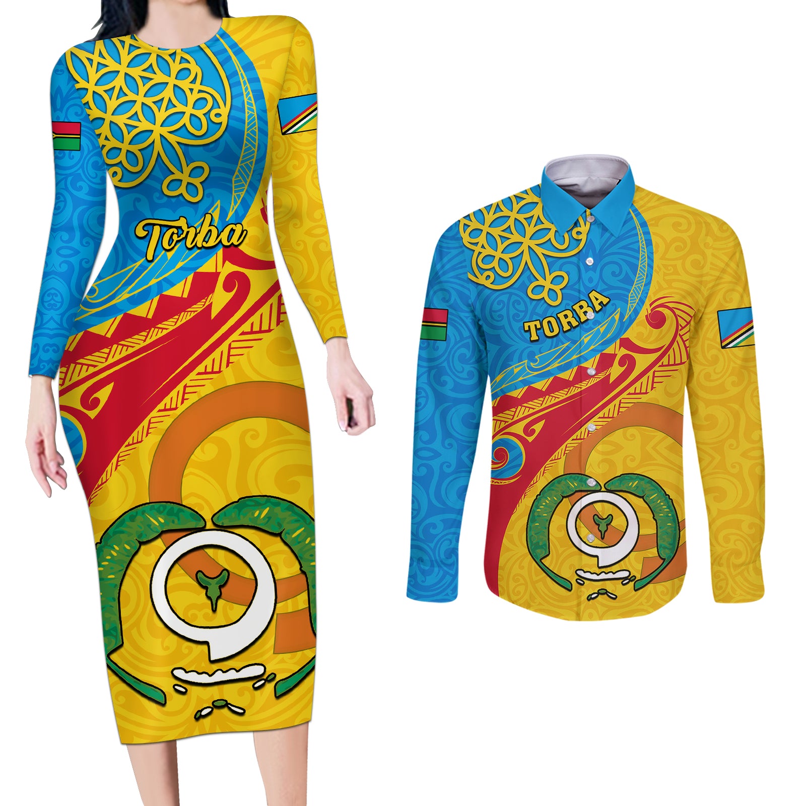 Torba Day Couples Matching Long Sleeve Bodycon Dress and Long Sleeve Button Shirts Sand Drawing Vanuatuan Pattern LT05 Yellow - Polynesian Pride