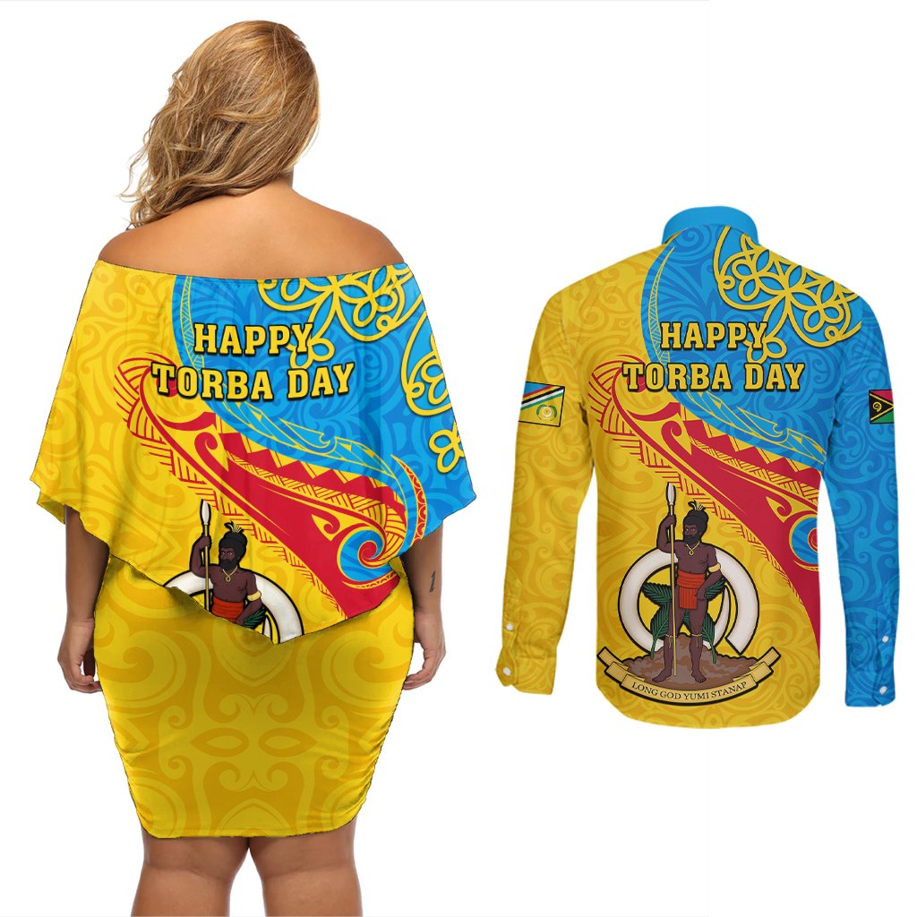 Torba Day Couples Matching Off Shoulder Short Dress and Long Sleeve Button Shirts Sand Drawing Vanuatuan Pattern LT05 - Polynesian Pride