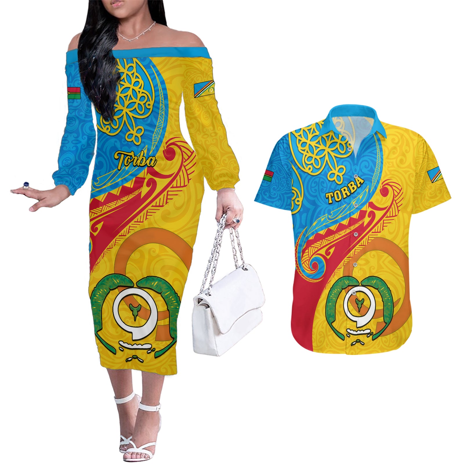 Torba Day Couples Matching Off The Shoulder Long Sleeve Dress and Hawaiian Shirt Sand Drawing Vanuatuan Pattern LT05 Yellow - Polynesian Pride