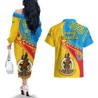 Torba Day Couples Matching Off The Shoulder Long Sleeve Dress and Hawaiian Shirt Sand Drawing Vanuatuan Pattern LT05 - Polynesian Pride