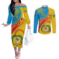 Torba Day Couples Matching Off The Shoulder Long Sleeve Dress and Long Sleeve Button Shirts Sand Drawing Vanuatuan Pattern LT05 Yellow - Polynesian Pride