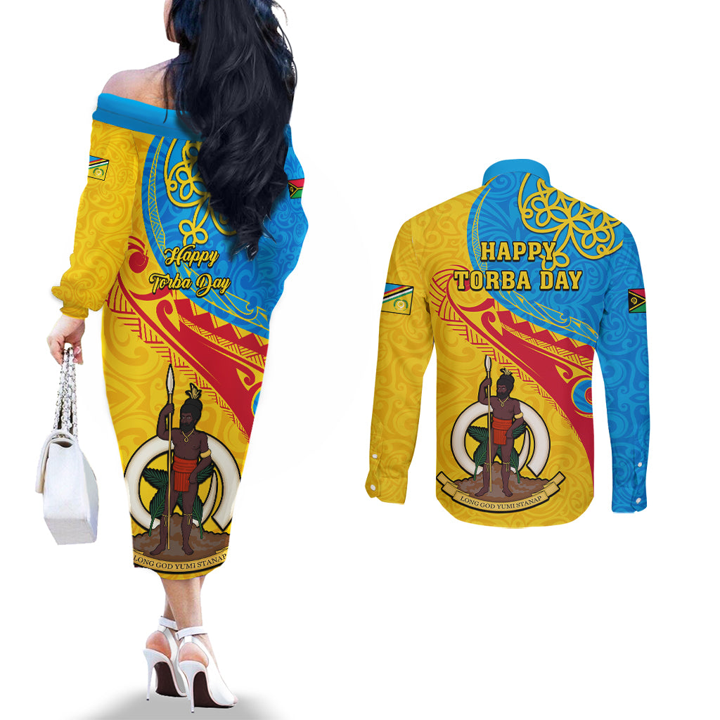 Torba Day Couples Matching Off The Shoulder Long Sleeve Dress and Long Sleeve Button Shirts Sand Drawing Vanuatuan Pattern LT05 - Polynesian Pride