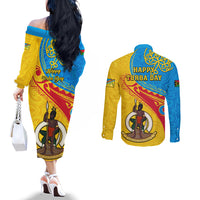 Torba Day Couples Matching Off The Shoulder Long Sleeve Dress and Long Sleeve Button Shirts Sand Drawing Vanuatuan Pattern LT05 - Polynesian Pride