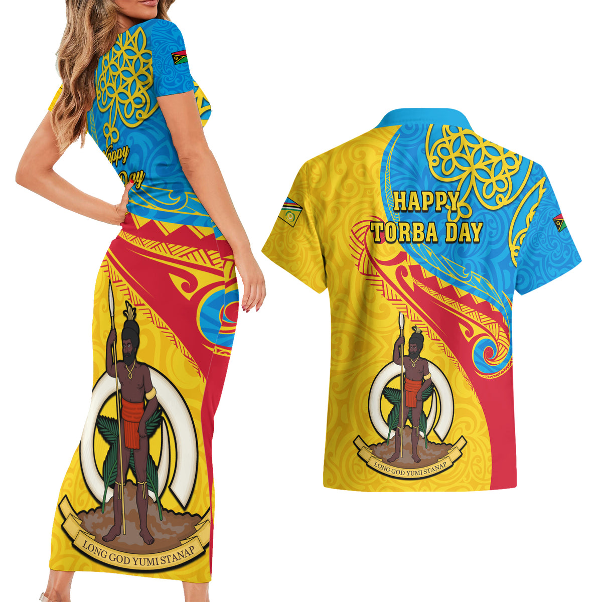 Torba Day Couples Matching Short Sleeve Bodycon Dress and Hawaiian Shirt Sand Drawing Vanuatuan Pattern LT05 - Polynesian Pride