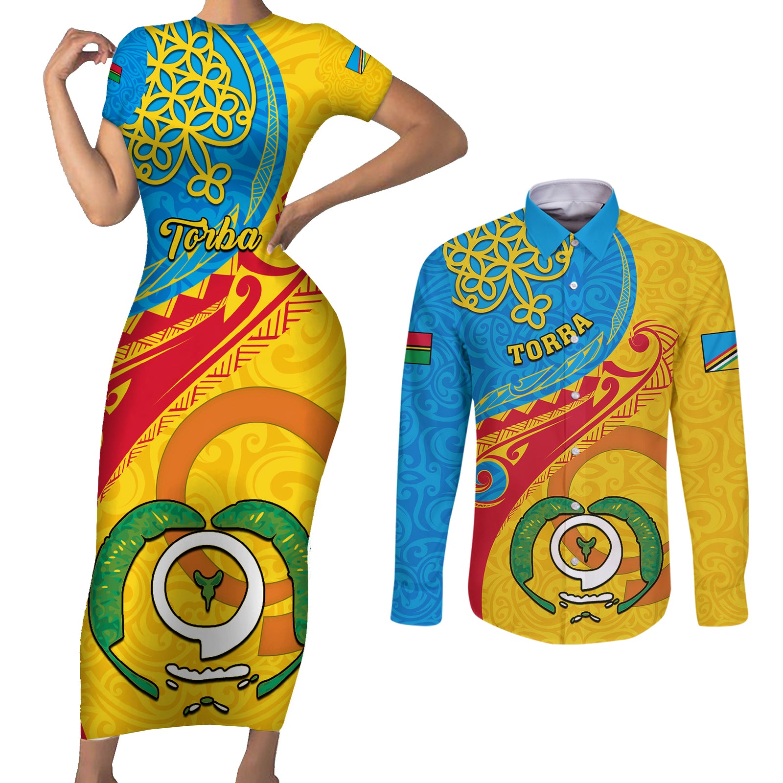Torba Day Couples Matching Short Sleeve Bodycon Dress and Long Sleeve Button Shirts Sand Drawing Vanuatuan Pattern LT05 Yellow - Polynesian Pride