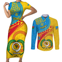 Torba Day Couples Matching Short Sleeve Bodycon Dress and Long Sleeve Button Shirts Sand Drawing Vanuatuan Pattern LT05 Yellow - Polynesian Pride