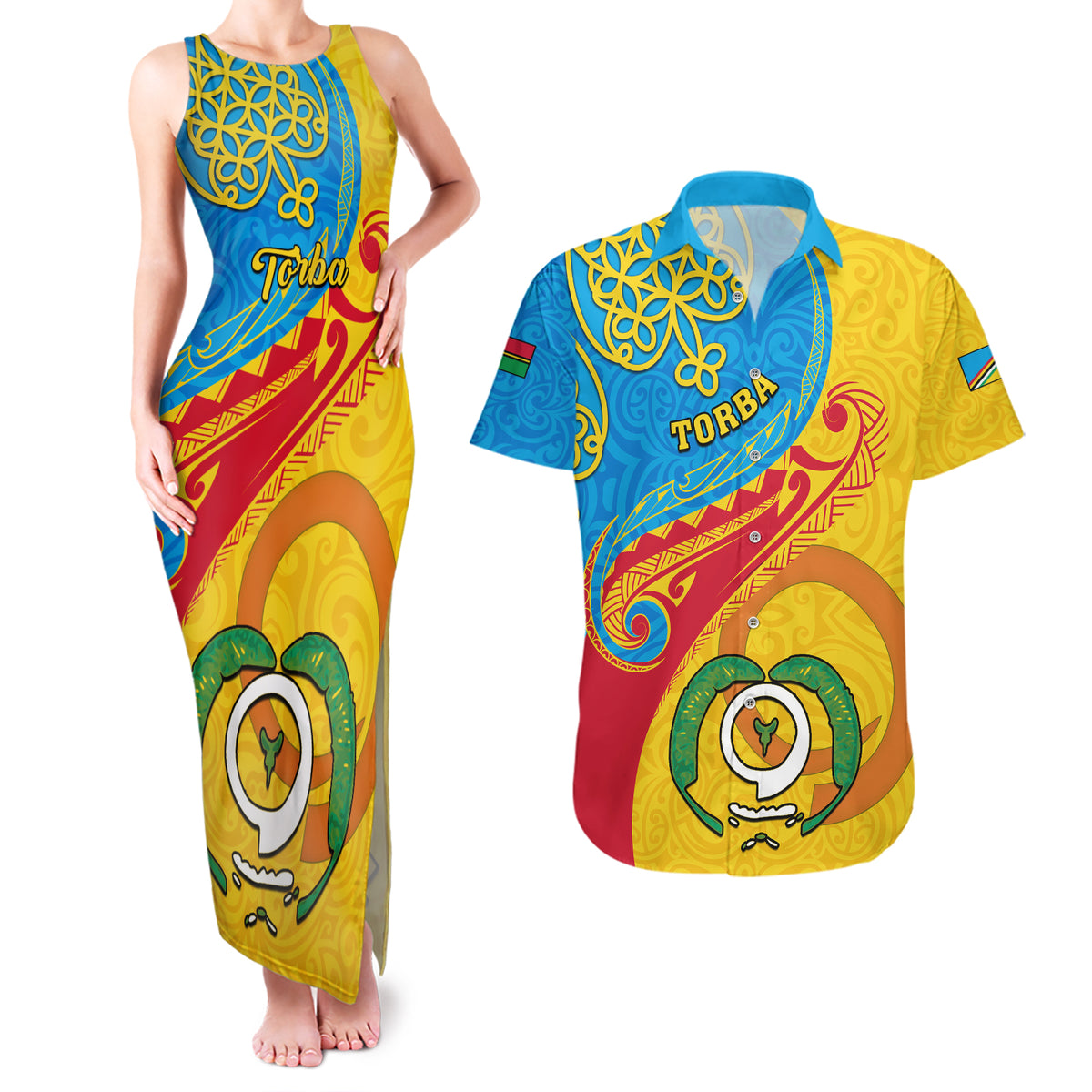 Torba Day Couples Matching Tank Maxi Dress and Hawaiian Shirt Sand Drawing Vanuatuan Pattern LT05 Yellow - Polynesian Pride