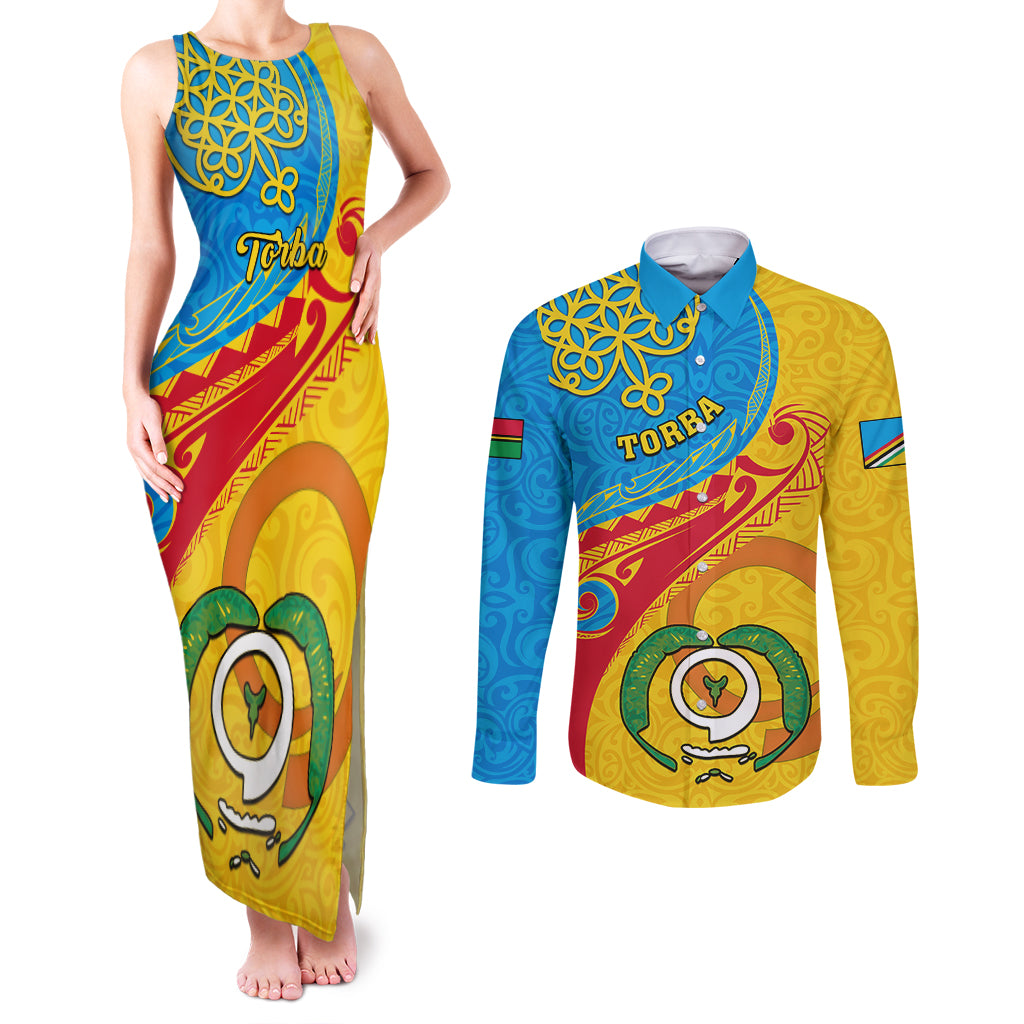 Torba Day Couples Matching Tank Maxi Dress and Long Sleeve Button Shirts Sand Drawing Vanuatuan Pattern LT05 Yellow - Polynesian Pride