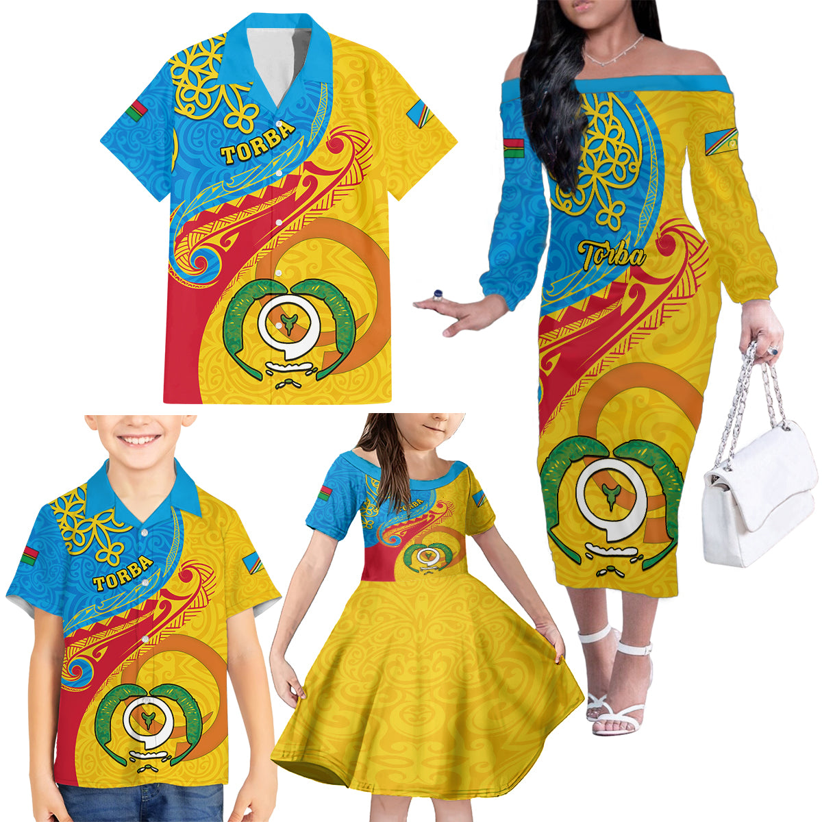 torba-day-family-matching-off-shoulder-long-sleeve-dress-and-hawaiian-shirt-sand-drawing-vanuatuan-pattern