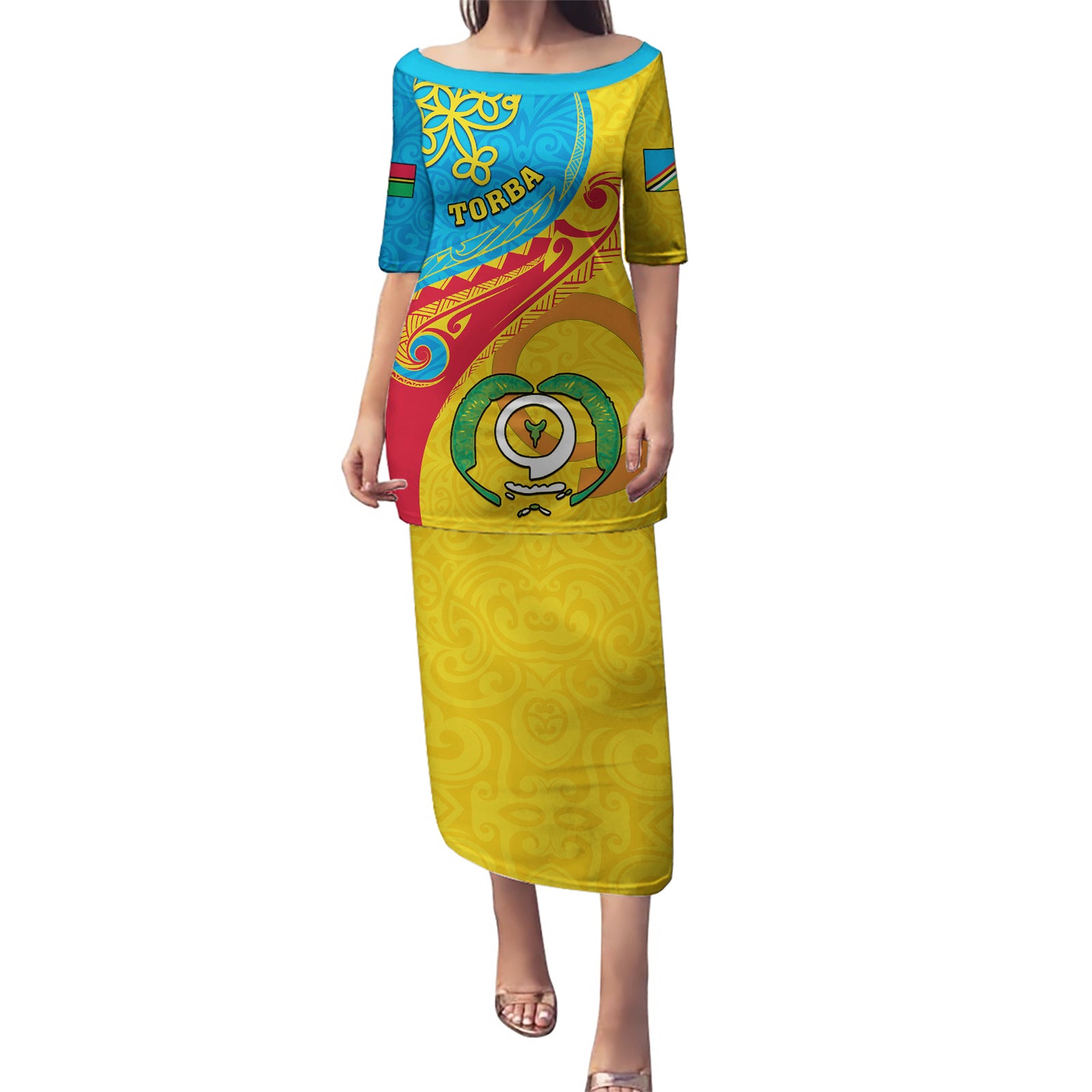 Torba Day Puletasi Sand Drawing Vanuatuan Pattern LT05 Long Dress Yellow - Polynesian Pride