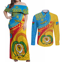 Personalized Torba Day Couples Matching Off Shoulder Maxi Dress and Long Sleeve Button Shirts Sand Drawing Vanuatuan Pattern LT05 Yellow - Polynesian Pride