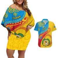 Personalized Torba Day Couples Matching Off Shoulder Short Dress and Hawaiian Shirt Sand Drawing Vanuatuan Pattern LT05 Yellow - Polynesian Pride