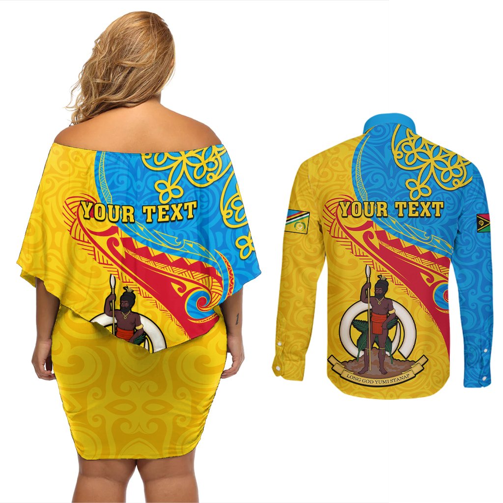 Personalized Torba Day Couples Matching Off Shoulder Short Dress and Long Sleeve Button Shirts Sand Drawing Vanuatuan Pattern LT05 - Polynesian Pride