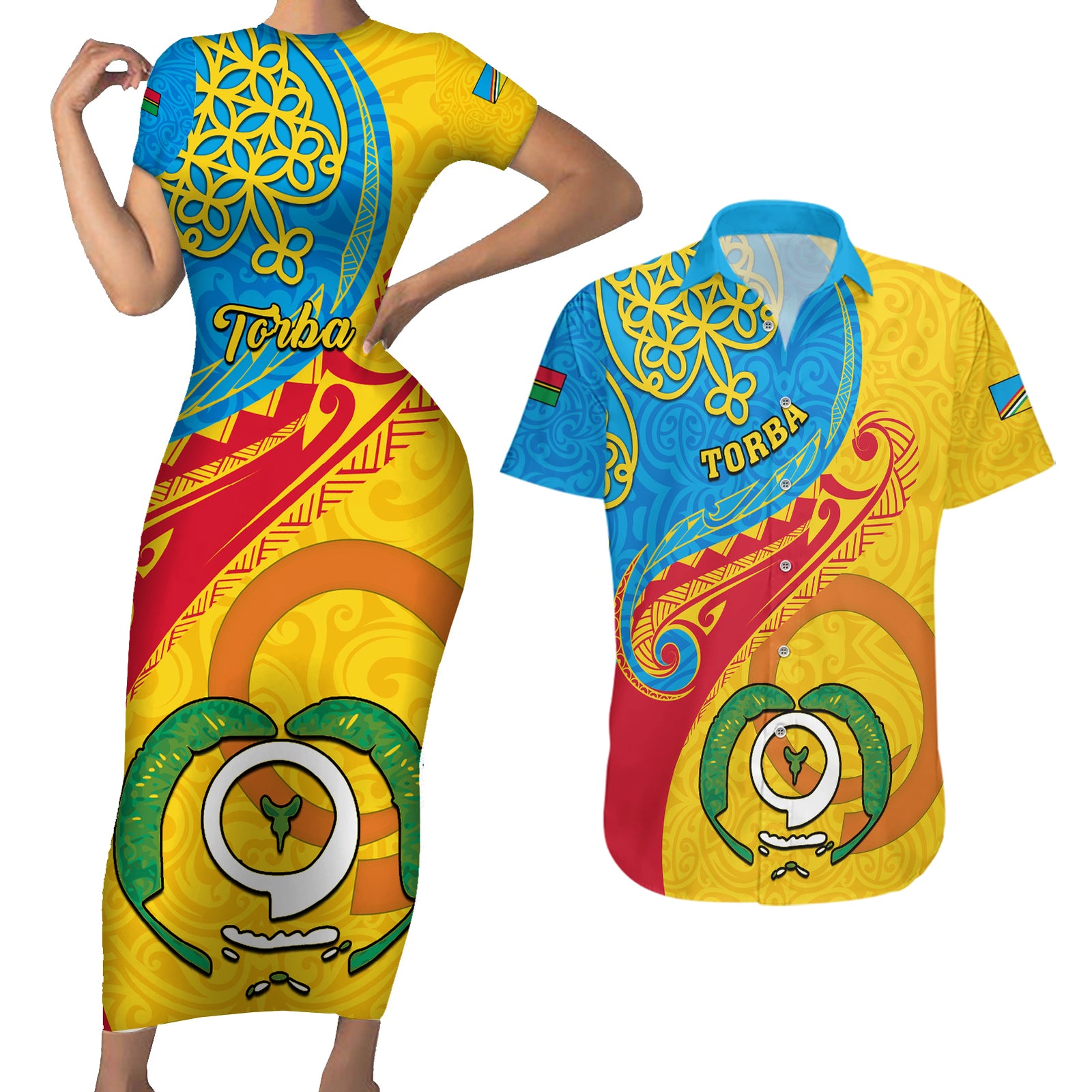 Personalized Torba Day Couples Matching Short Sleeve Bodycon Dress and Hawaiian Shirt Sand Drawing Vanuatuan Pattern LT05 Yellow - Polynesian Pride