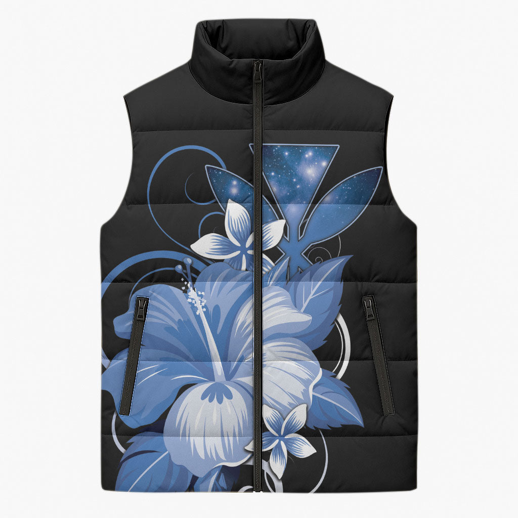 Hawaii Makahiki Kanaka Maoli Sleeveless Puffer Jacket Blue Hibiscus Floral Vibes LT05 Unisex Blue - Polynesian Pride