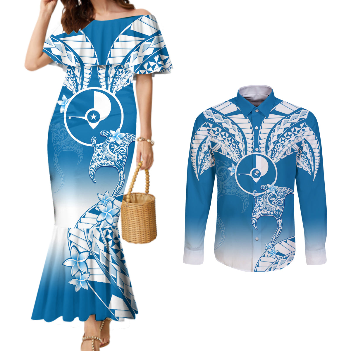 FSM Yap Constitution Day Couples Matching Mermaid Dress and Long Sleeve Button Shirt Polynesian Batoids LT05 Blue - Polynesian Pride