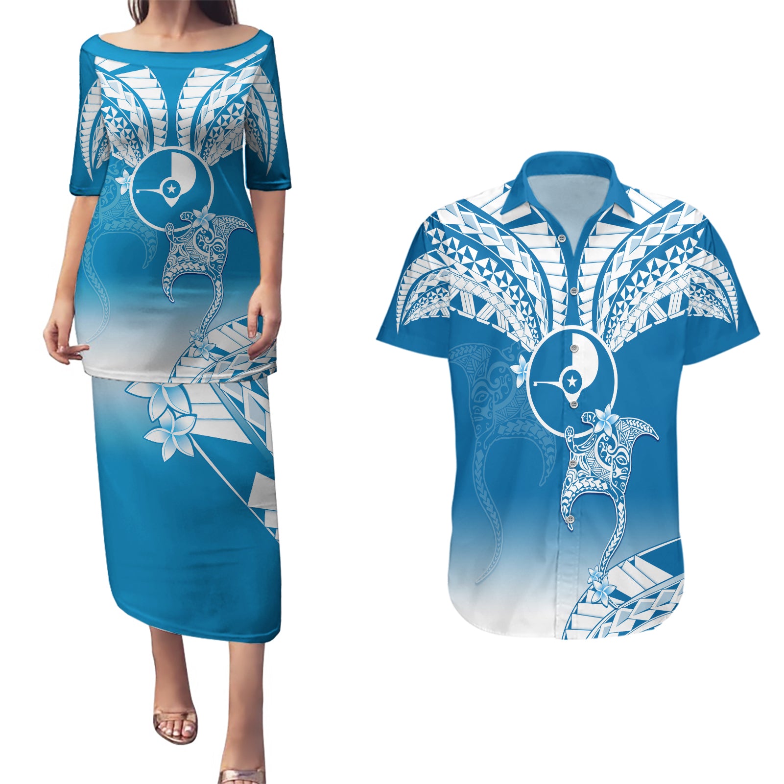 FSM Yap Constitution Day Couples Matching Puletasi Dress and Hawaiian Shirt Polynesian Batoids LT05 Blue - Polynesian Pride