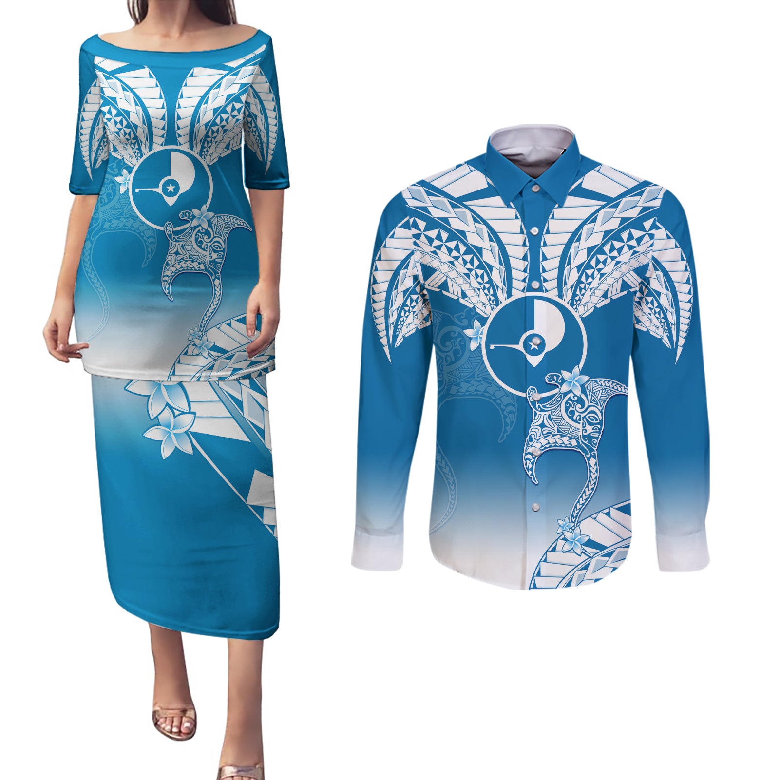 FSM Yap Constitution Day Couples Matching Puletasi Dress and Long Sleeve Button Shirt Polynesian Batoids LT05 Blue - Polynesian Pride