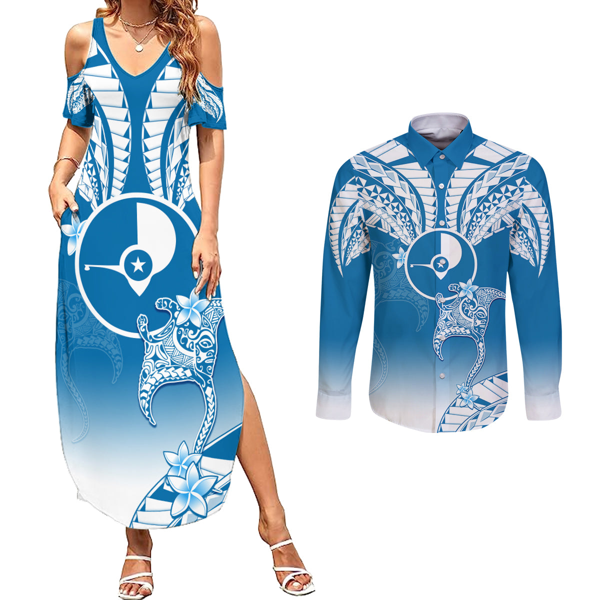 FSM Yap Constitution Day Couples Matching Summer Maxi Dress and Long Sleeve Button Shirt Polynesian Batoids LT05 Blue - Polynesian Pride