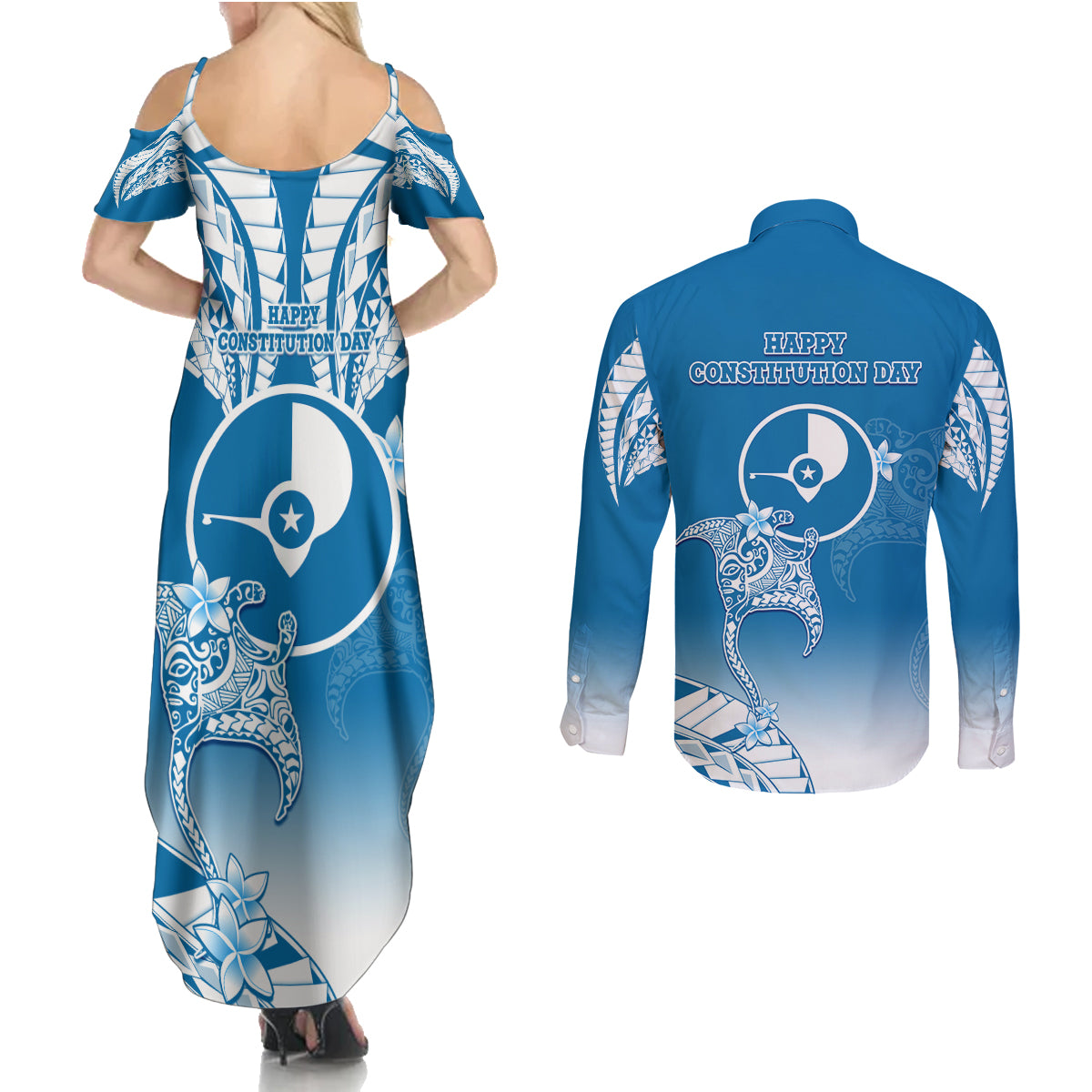 FSM Yap Constitution Day Couples Matching Summer Maxi Dress and Long Sleeve Button Shirt Polynesian Batoids LT05 - Polynesian Pride