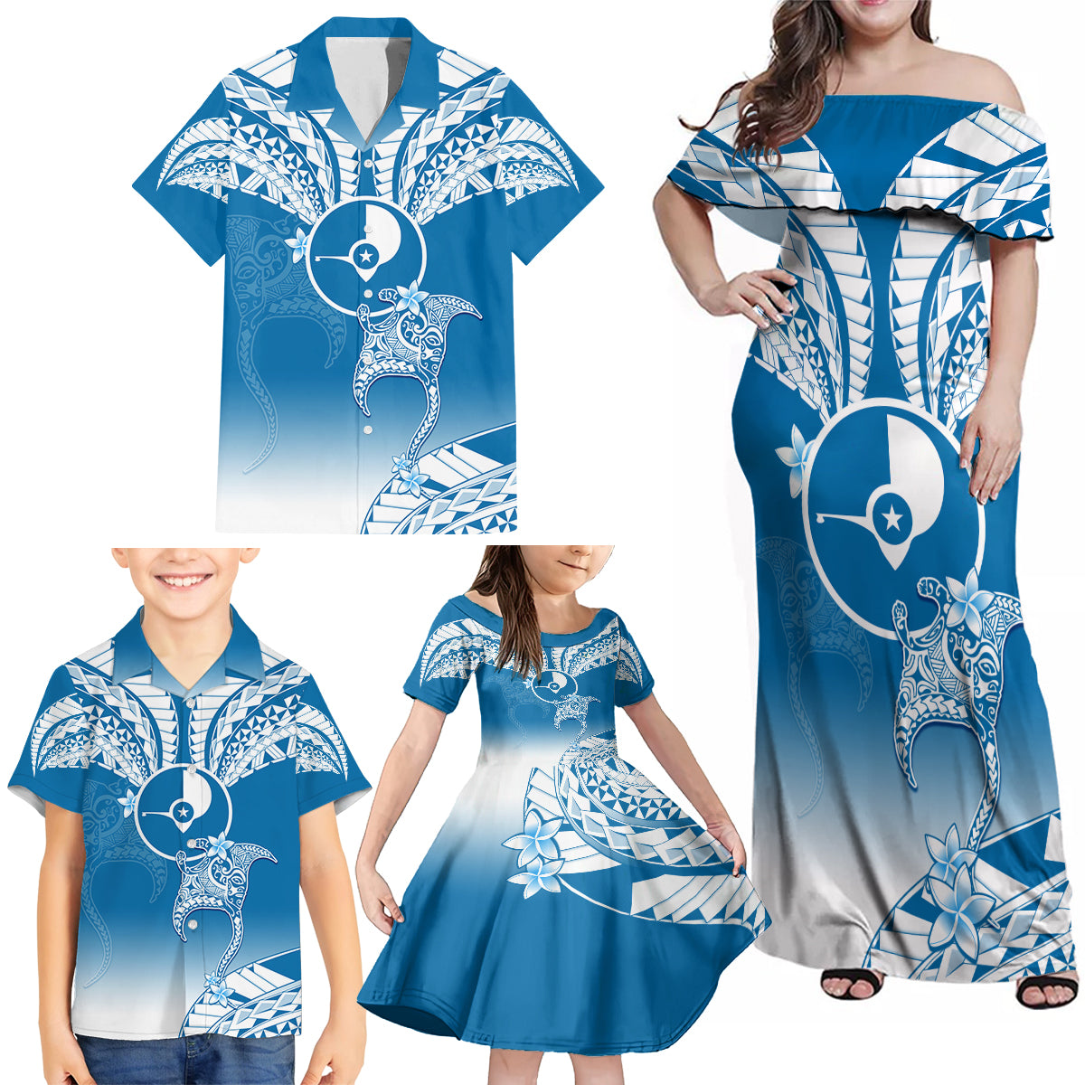 FSM Yap Constitution Day Family Matching Off Shoulder Maxi Dress and Hawaiian Shirt Polynesian Batoids LT05 - Polynesian Pride