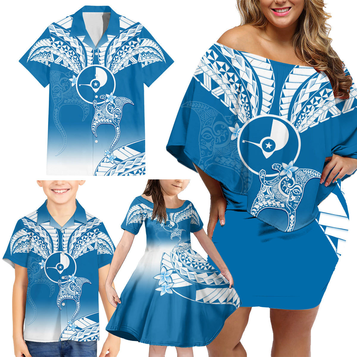 FSM Yap Constitution Day Family Matching Off Shoulder Short Dress and Hawaiian Shirt Polynesian Batoids LT05 - Polynesian Pride