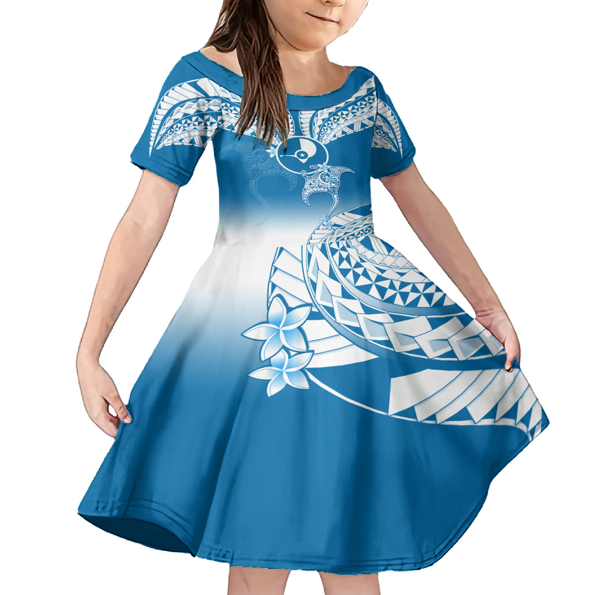 FSM Yap Constitution Day Kid Short Sleeve Dress Polynesian Batoids LT05 KID Blue - Polynesian Pride