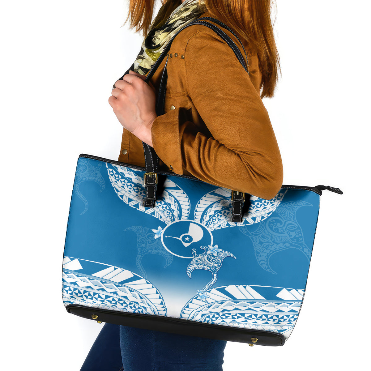 FSM Yap Constitution Day Leather Tote Bag Polynesian Batoids LT05 Blue - Polynesian Pride