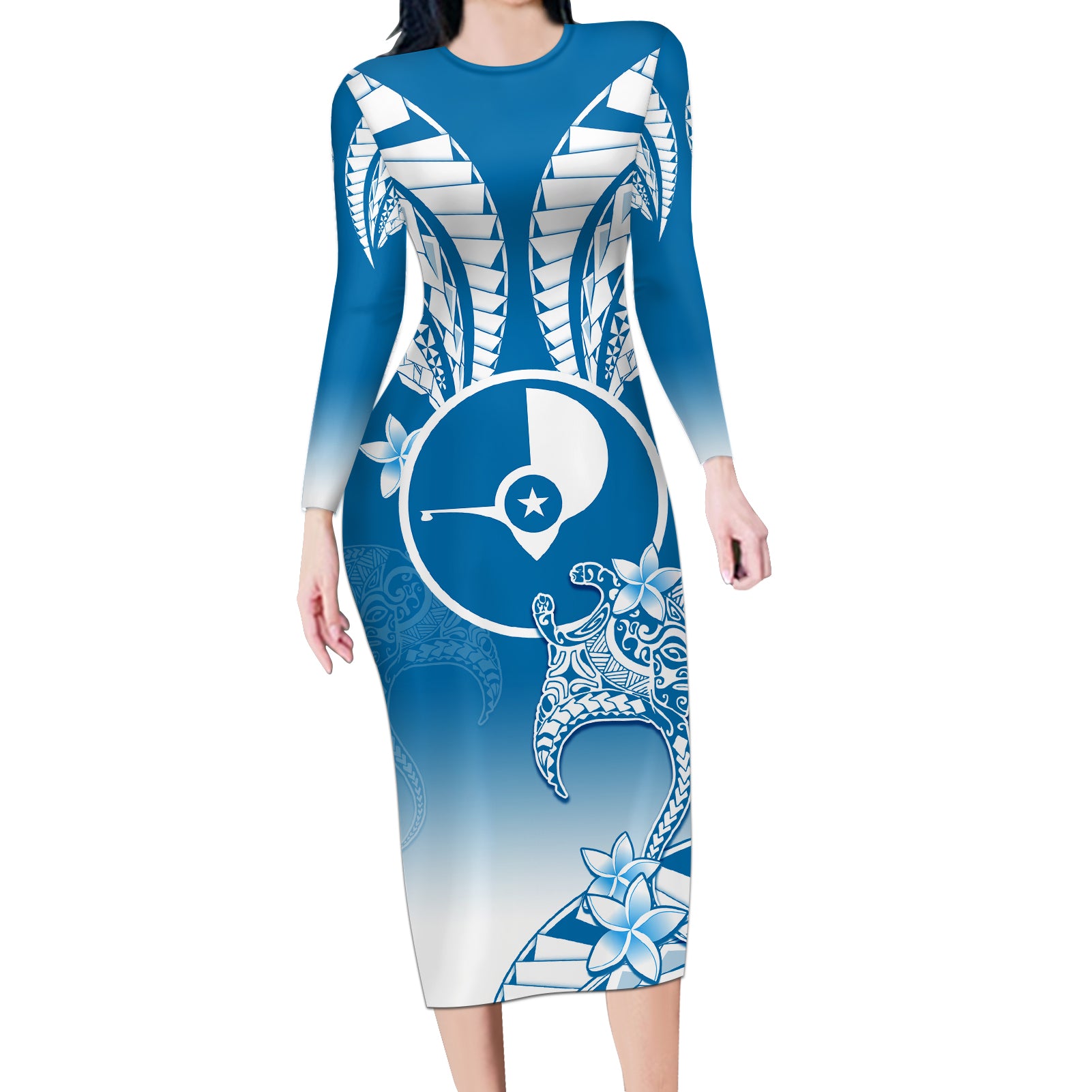 FSM Yap Constitution Day Long Sleeve Bodycon Dress Polynesian Batoids LT05 Long Dress Blue - Polynesian Pride