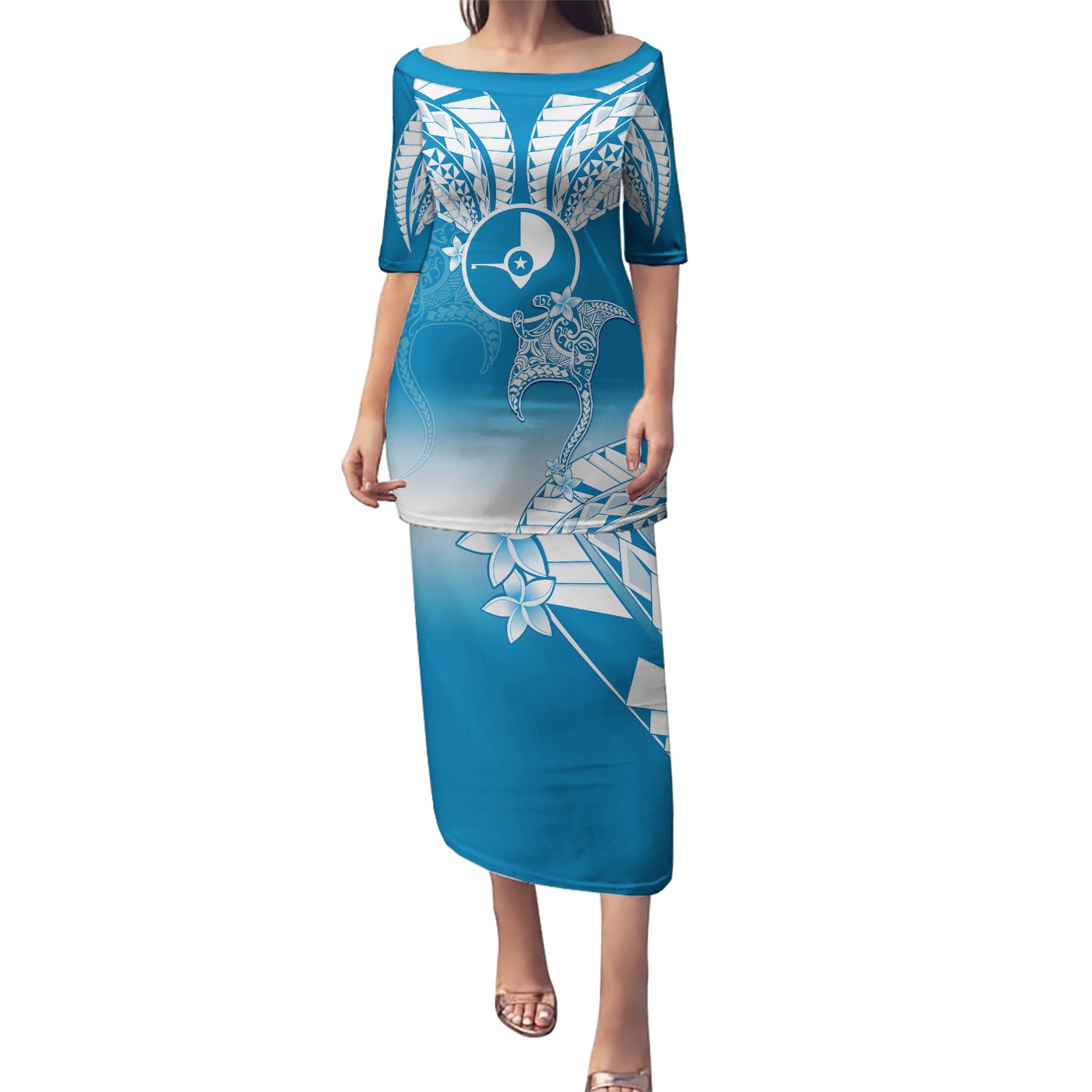 FSM Yap Constitution Day Puletasi Polynesian Batoids LT05 Long Dress Blue - Polynesian Pride