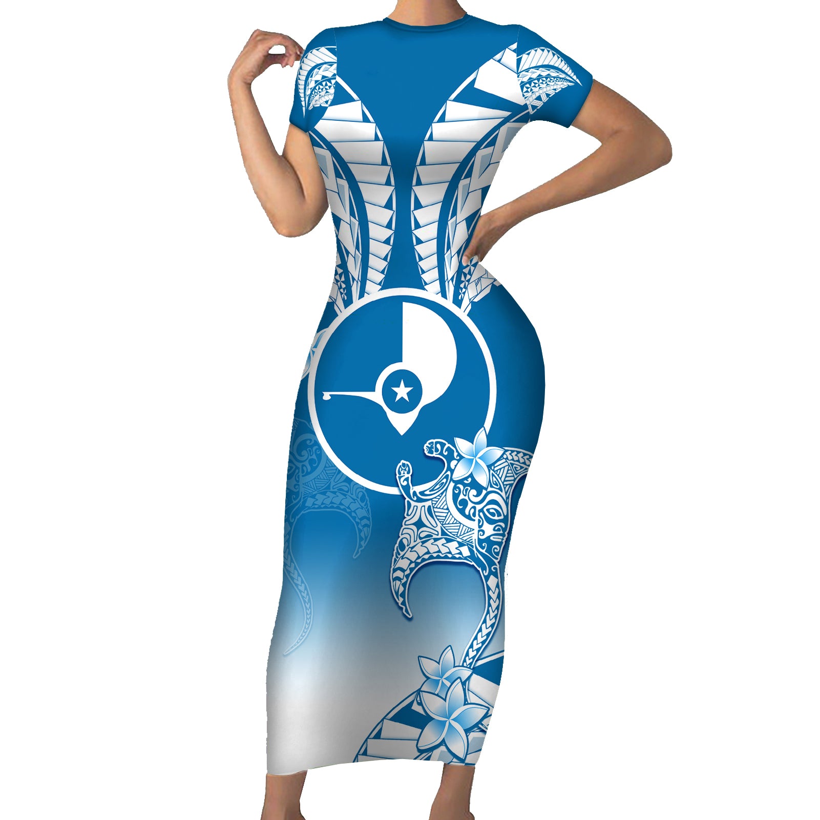 FSM Yap Constitution Day Short Sleeve Bodycon Dress Polynesian Batoids LT05 Long Dress Blue - Polynesian Pride